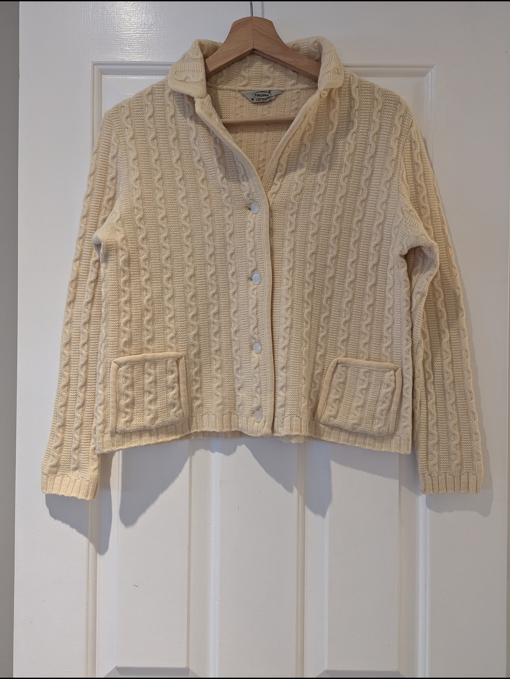 Vintage Cottagecore Cardigan Tricosa Paris 100% Pure Wool Cable Knit Cream S